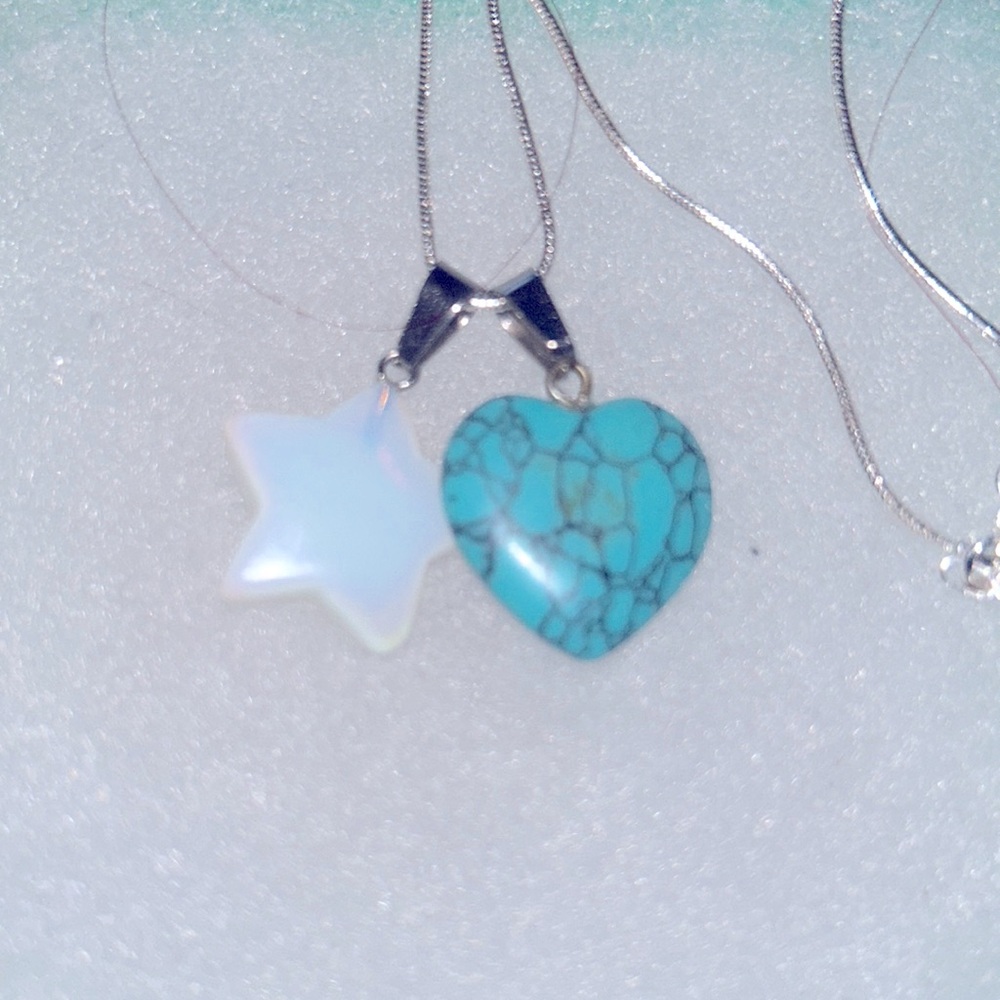 Turquoise Heart and Opal Star Sterling Silver 16” Necklace